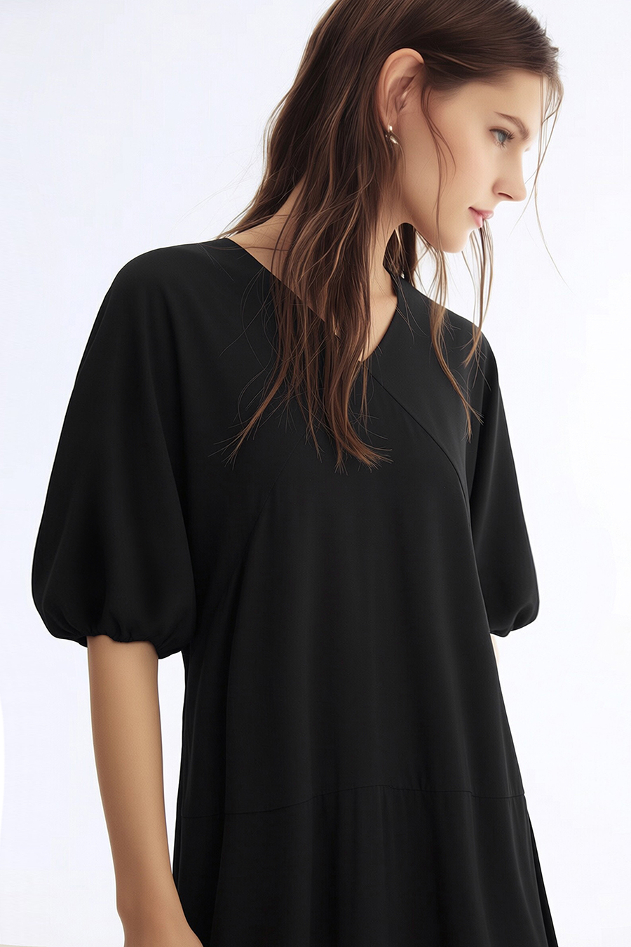 V-neck Puff Sleeve Dress|AMII