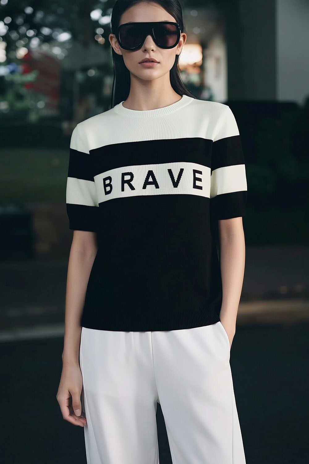 Crew Neck Striped Knit Sweater