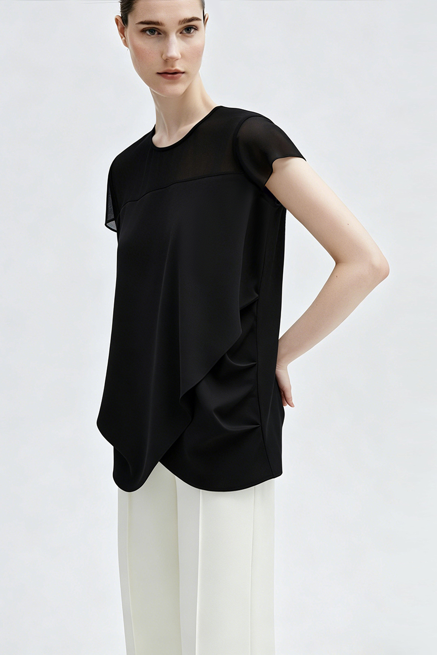 Satin Contrast Fabric Chiffon Blouse|AMII