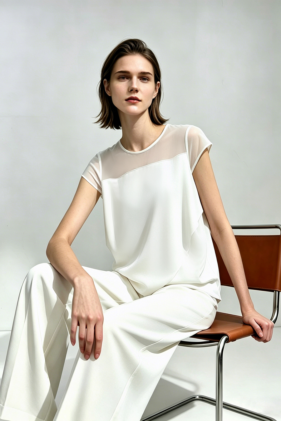 Satin Contrast Fabric Chiffon Blouse|AMII