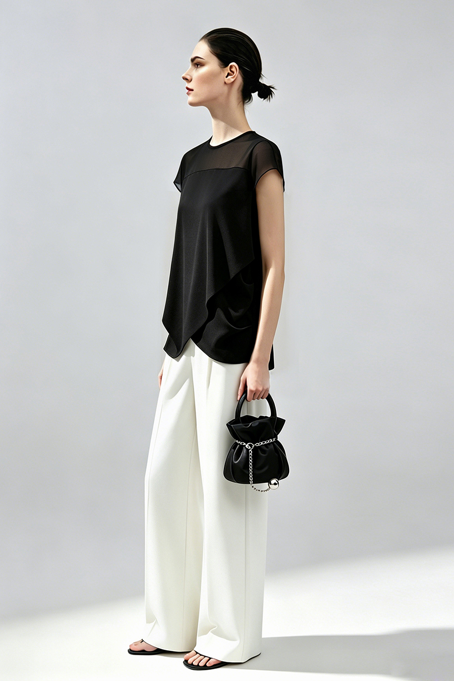 Satin Contrast Fabric Chiffon Blouse|AMII