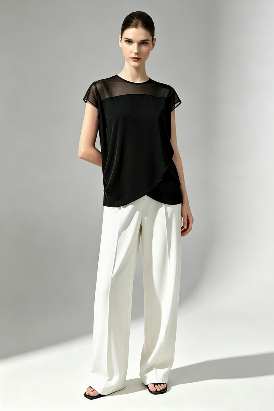 Satin Contrast Fabric Chiffon Blouse|AMII