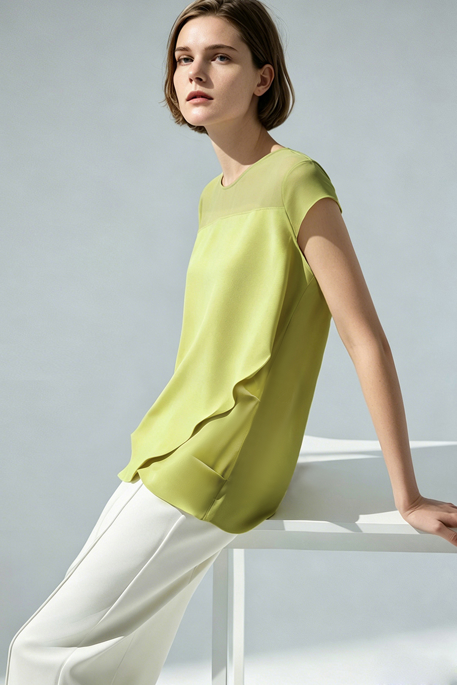 Satin Contrast Fabric Chiffon Blouse|AMII