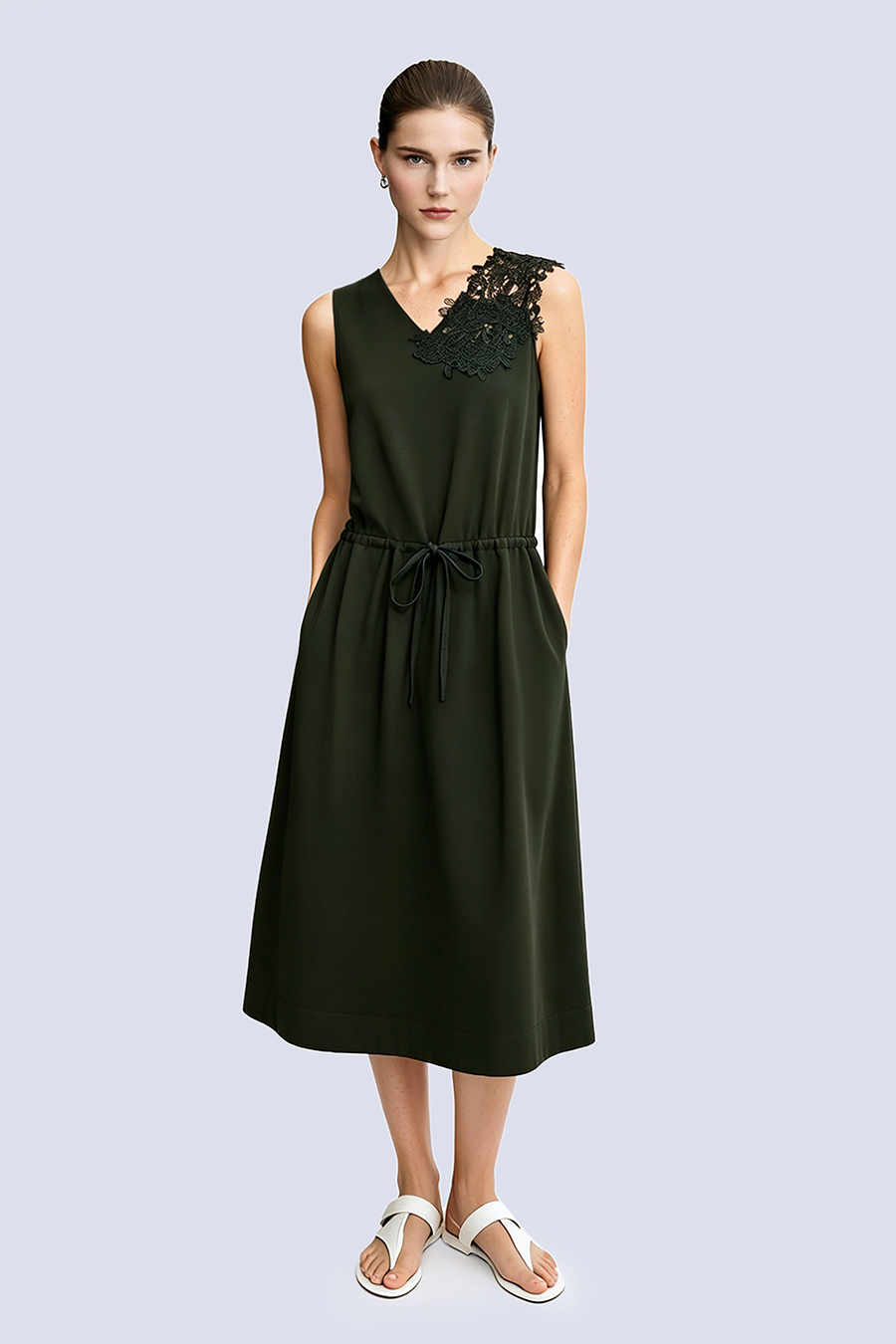 Lace Spliced V-neck Dress|AMII