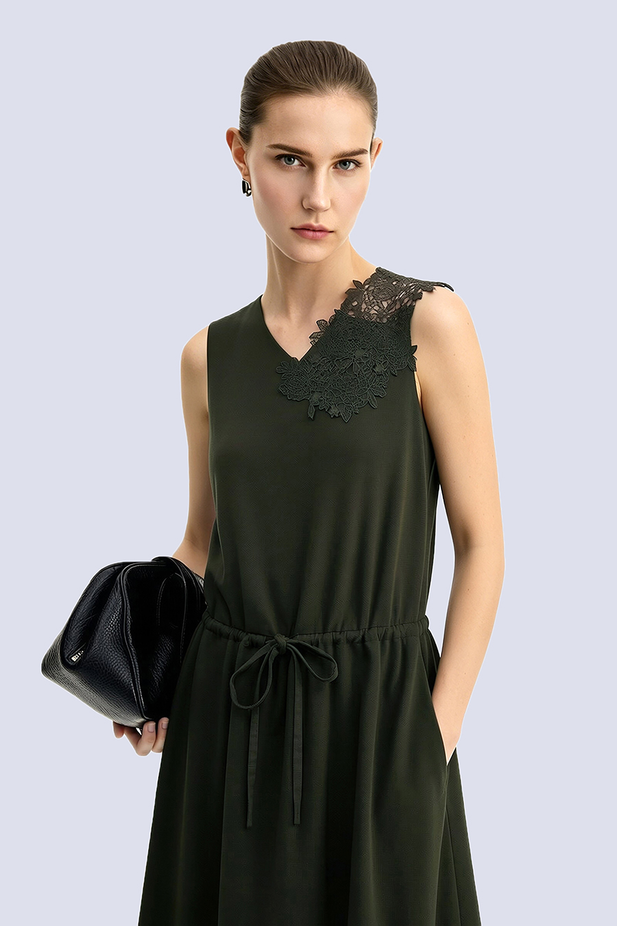 Lace Spliced V-neck Dress|AMII