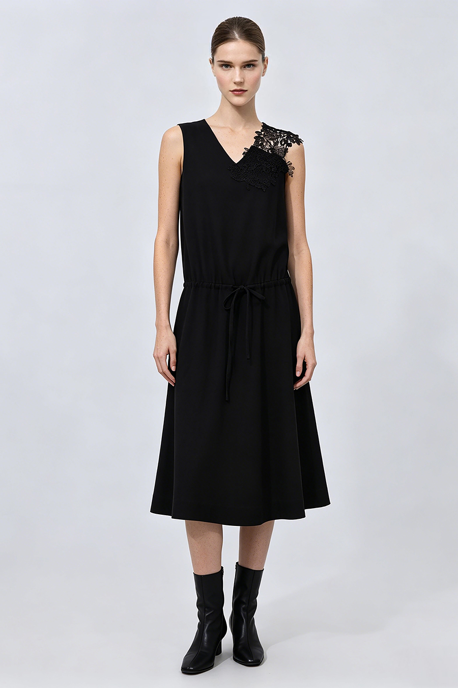 Lace Spliced V-neck Dress|AMII