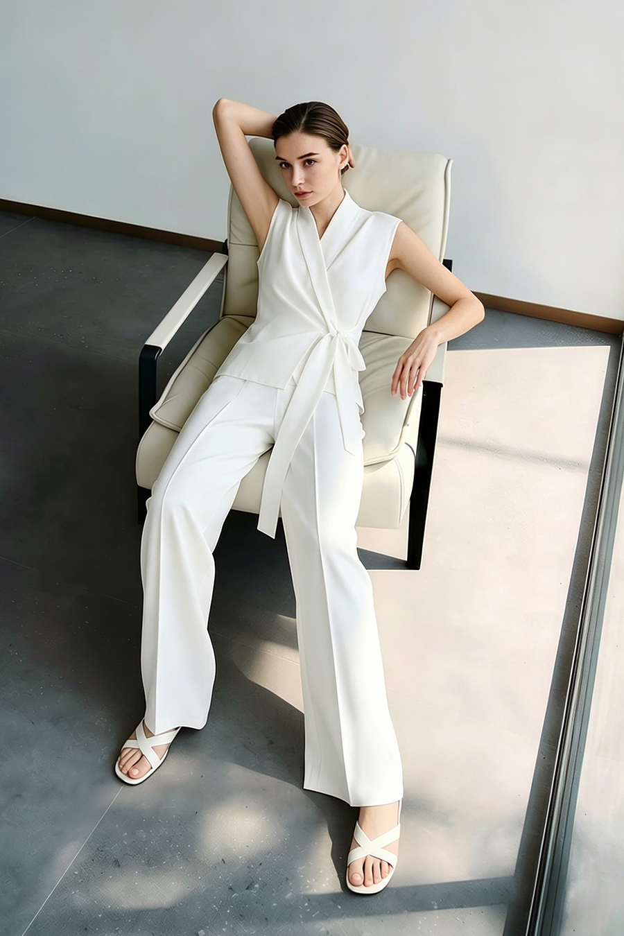 Satin Spliced Tie Detail Chiffon Blouse|AMII