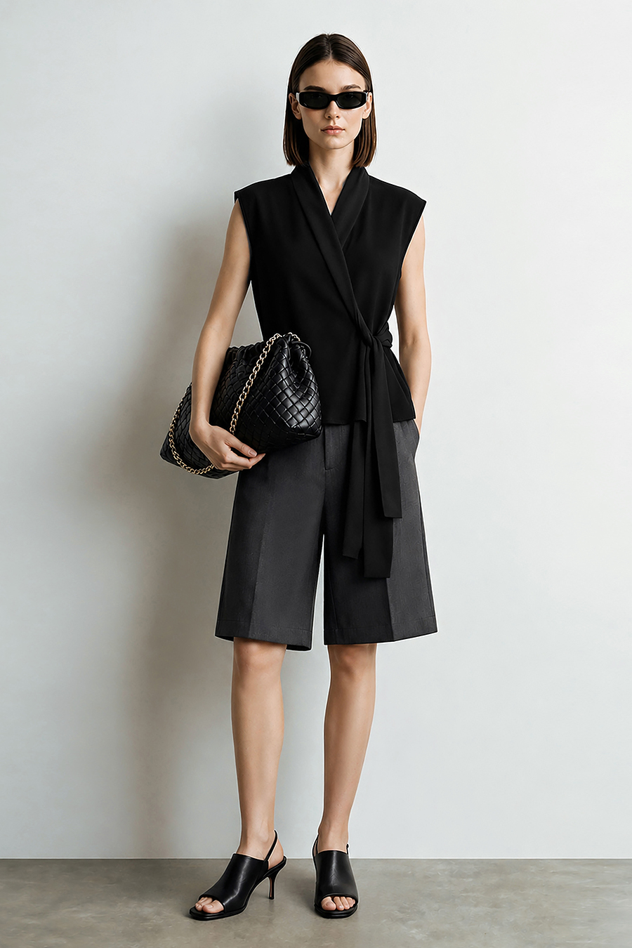 Satin Spliced Tie Detail Chiffon Blouse|AMII