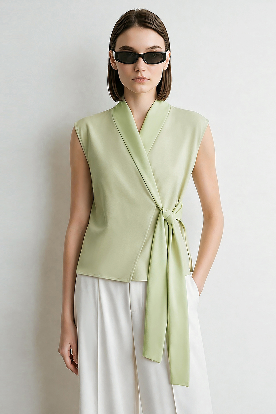 Satin Spliced Tie Detail Chiffon Blouse|AMII
