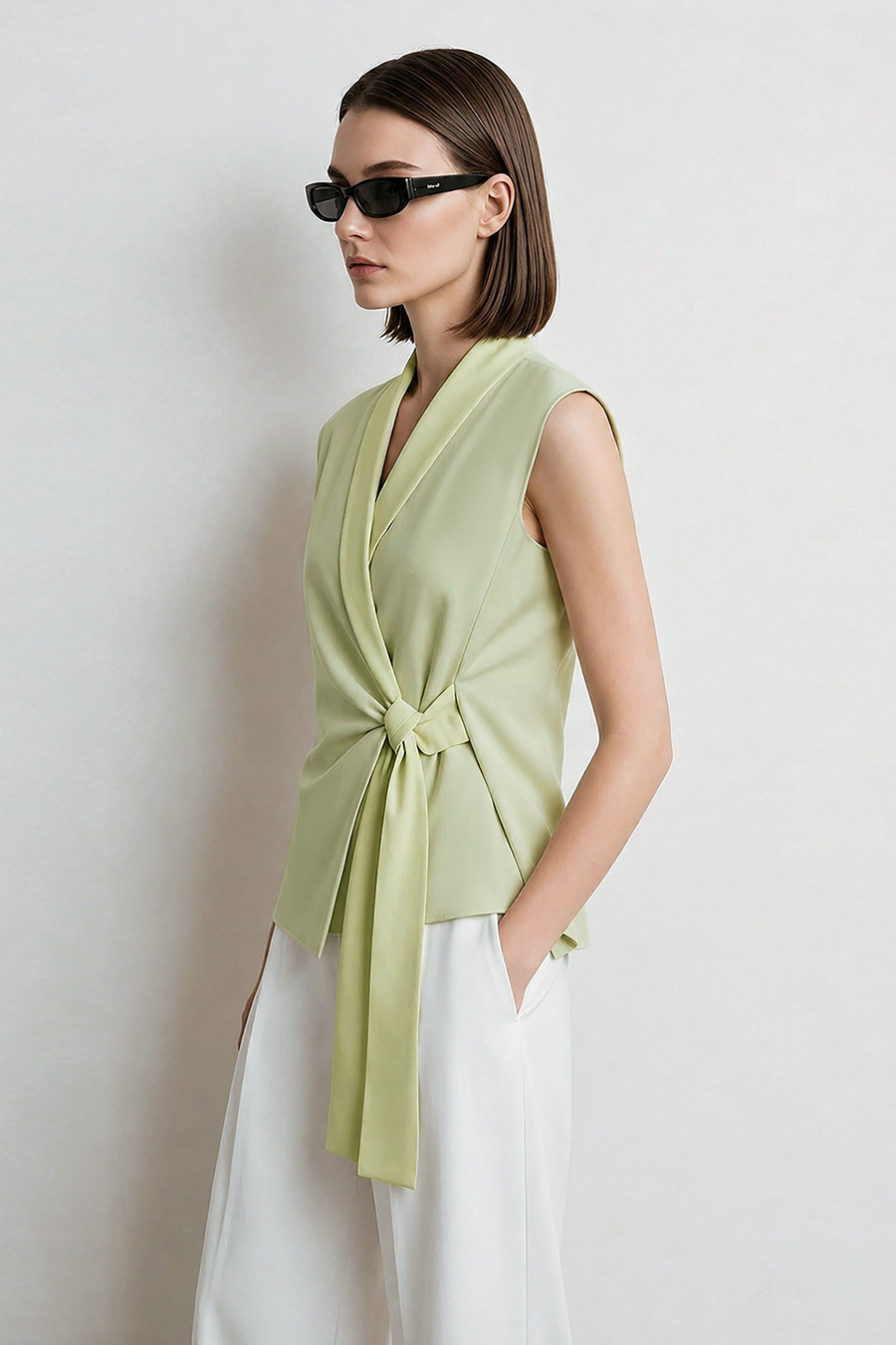 Satin Spliced Tie Detail Chiffon Blouse|AMII
