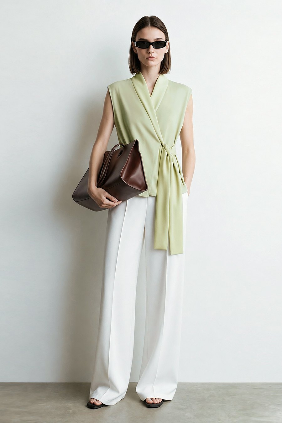 Satin Spliced Tie Detail Chiffon Blouse|AMII