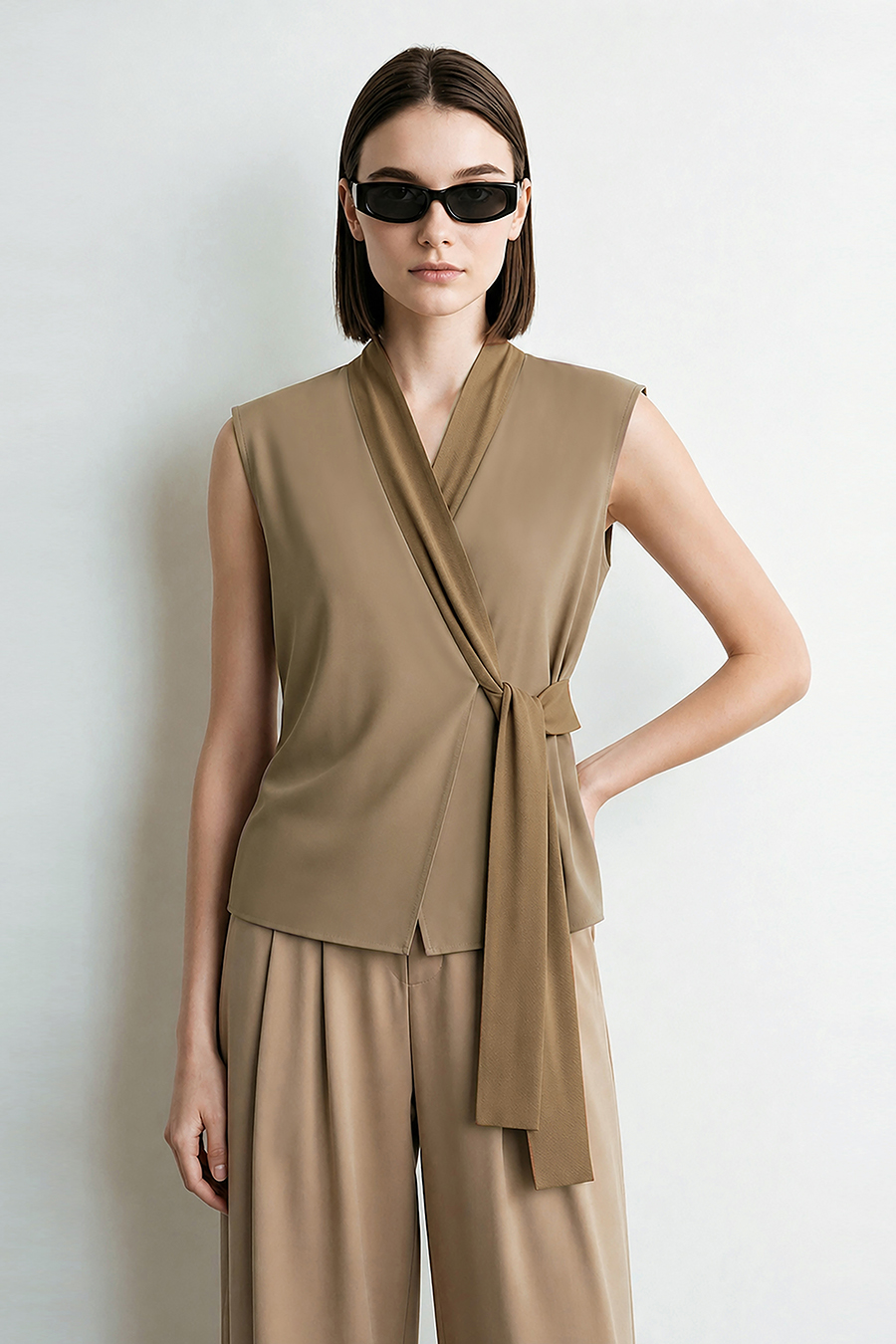 Satin Spliced Tie Detail Chiffon Blouse|AMII