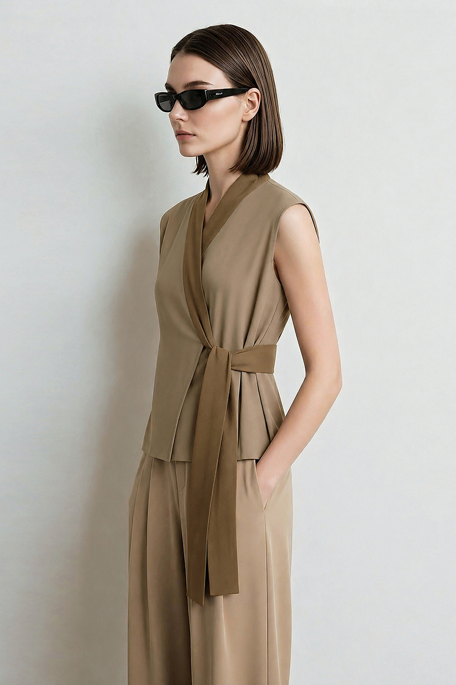 Satin Spliced Tie Detail Chiffon Blouse|AMII