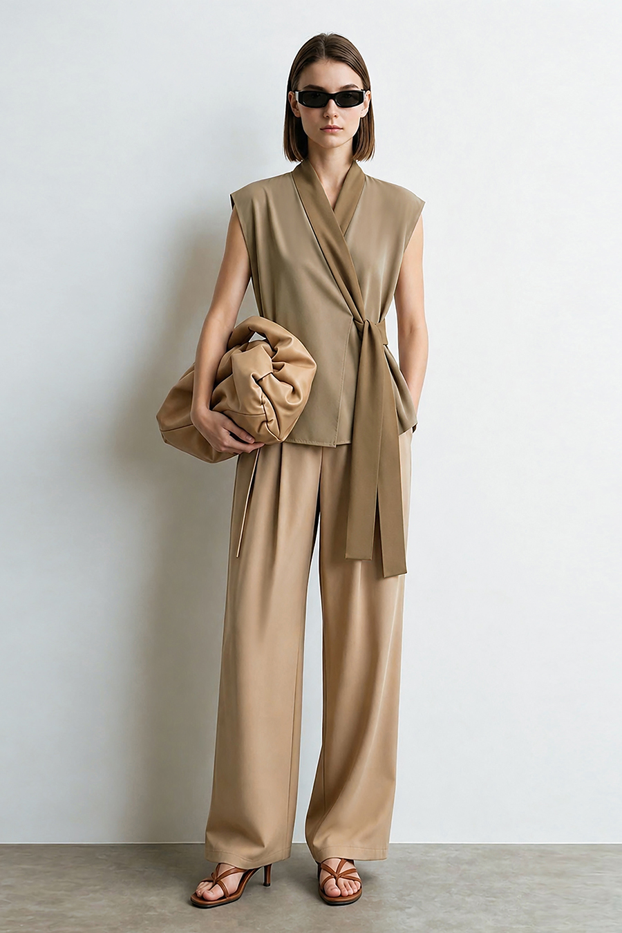 Satin Spliced Tie Detail Chiffon Blouse|AMII