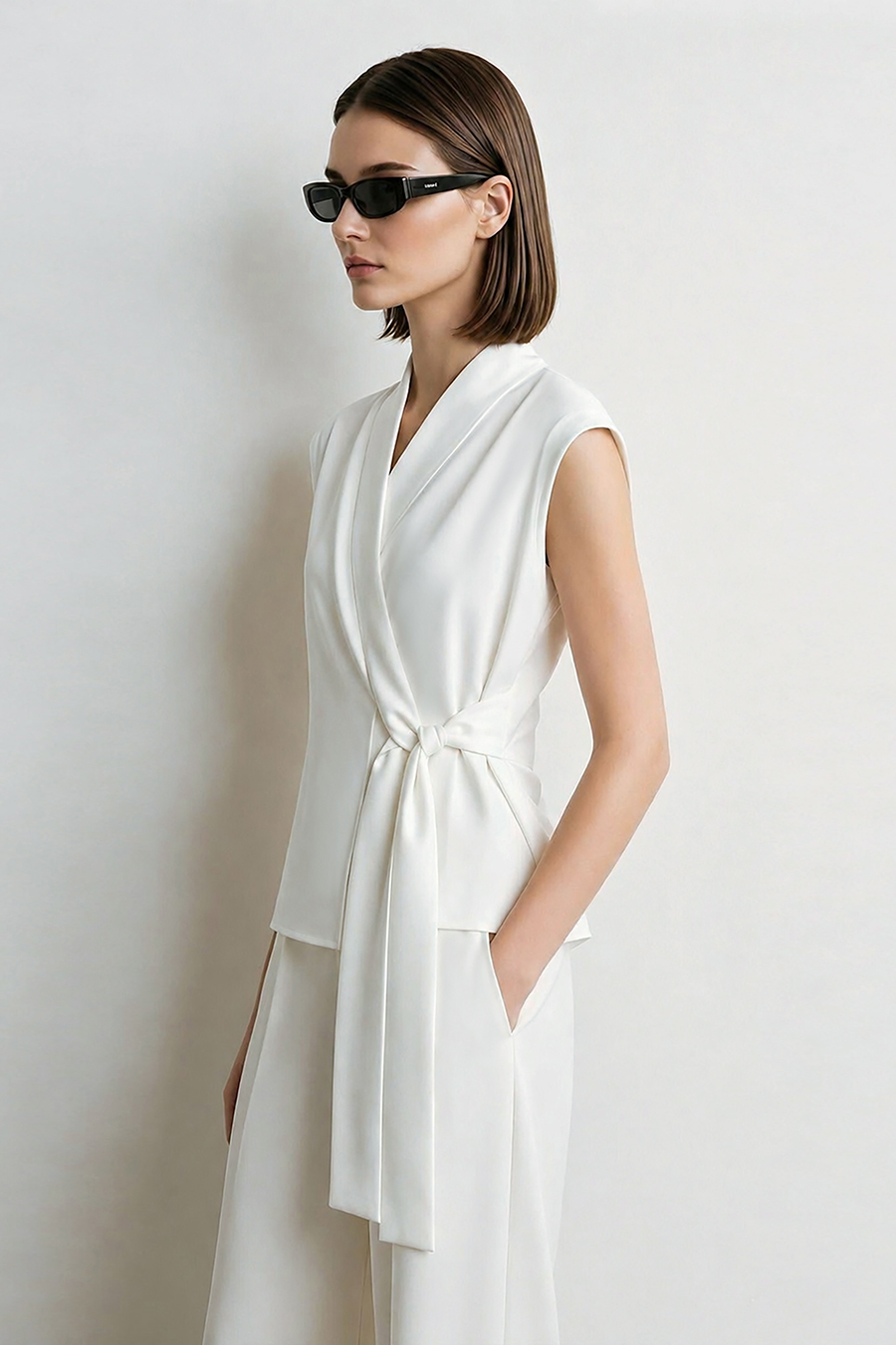 Satin Spliced Tie Detail Chiffon Blouse|AMII