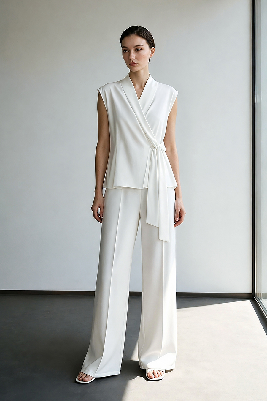 Satin Spliced Tie Detail Chiffon Blouse|AMII