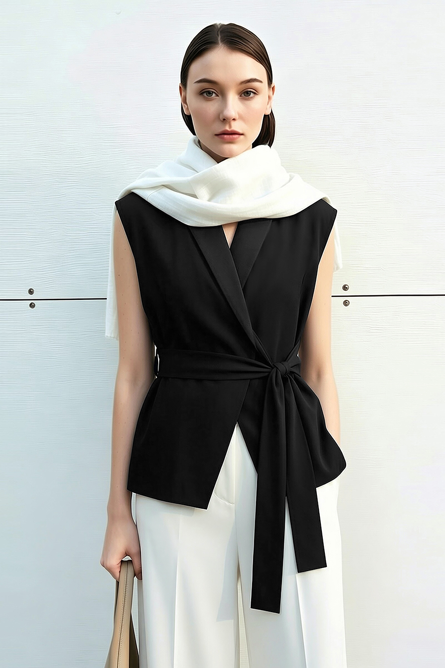 Satin Spliced Tie Detail Chiffon Blouse|AMII