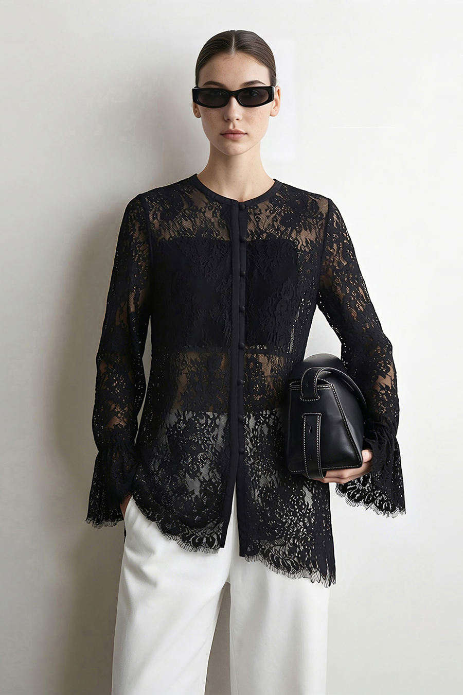 Round Neck Eyelash Lace Shirt | AMII