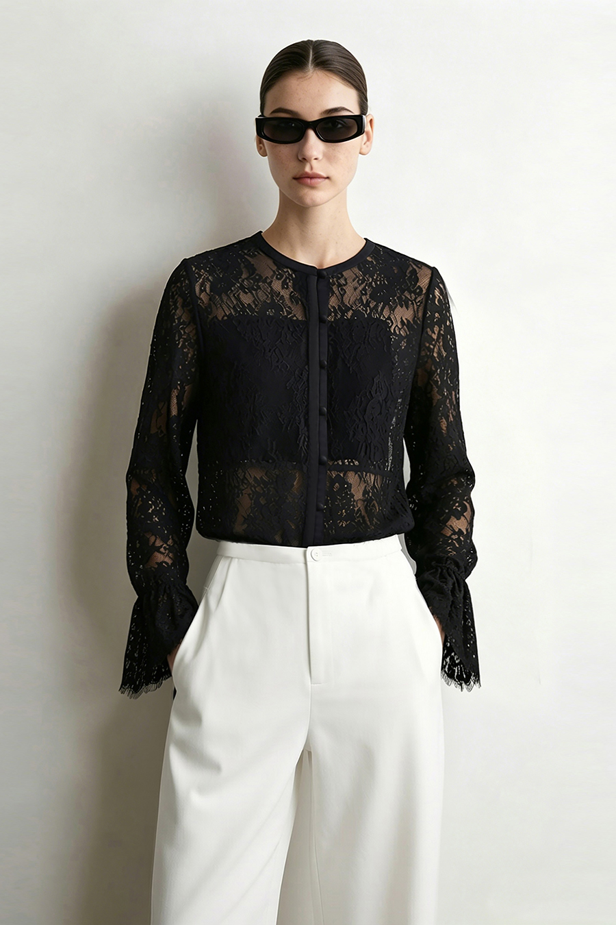 Round Neck Eyelash Lace Shirt | AMII