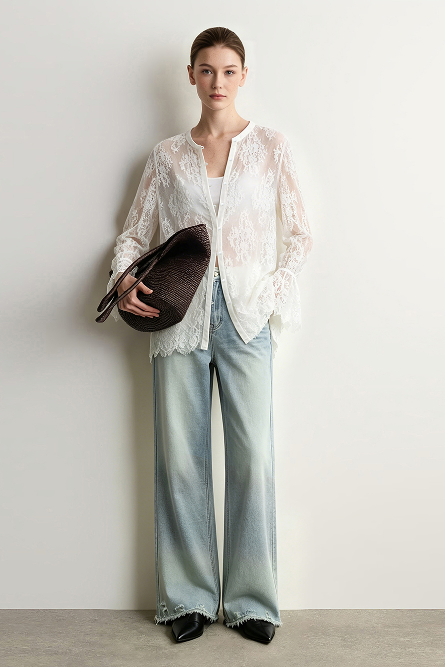 Round Neck Eyelash Lace Shirt | AMII