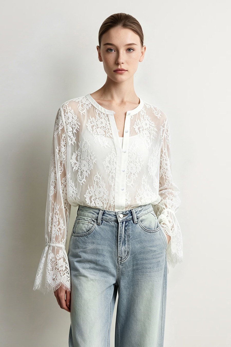 Round Neck Eyelash Lace Shirt | AMII