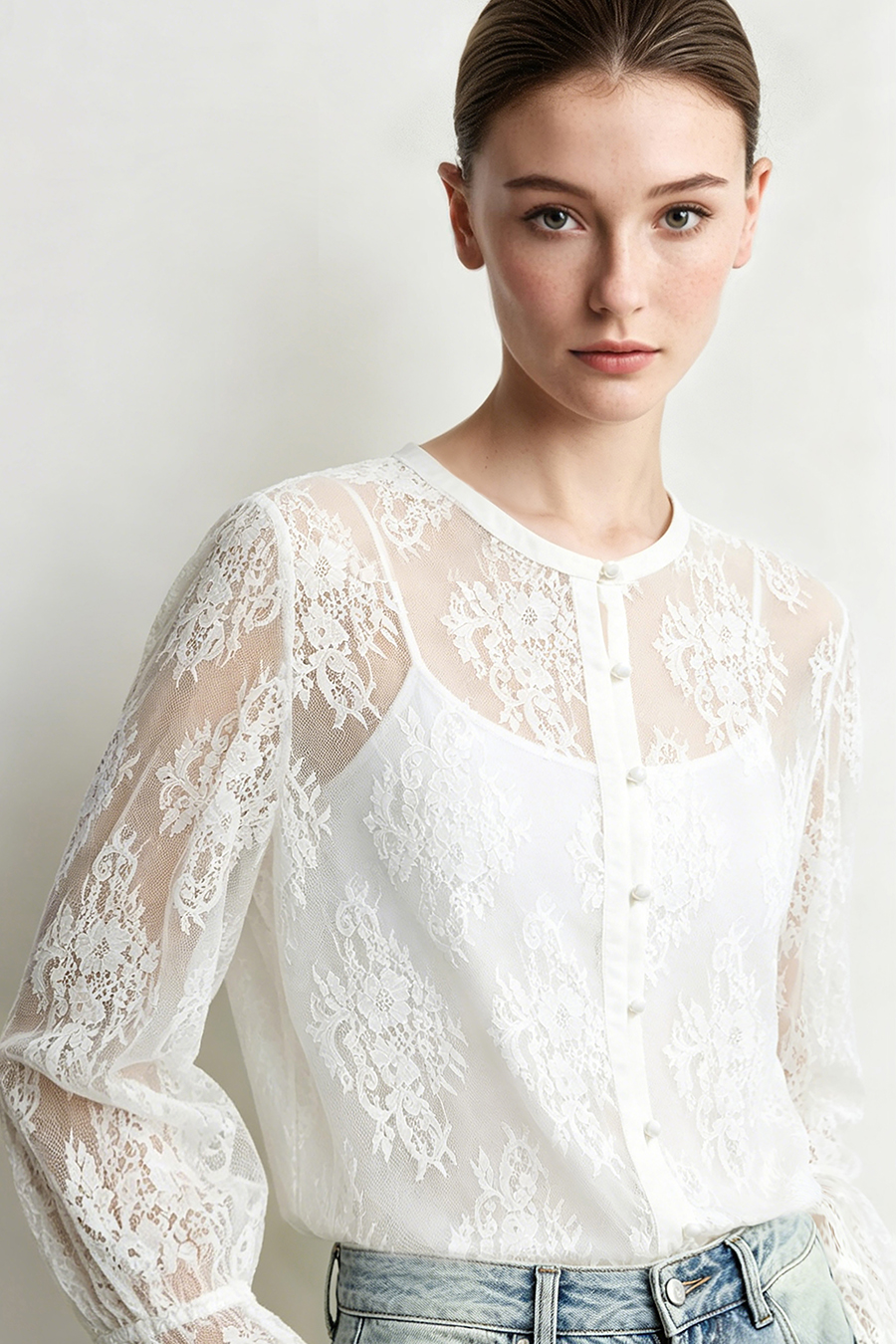 Round Neck Eyelash Lace Shirt | AMII