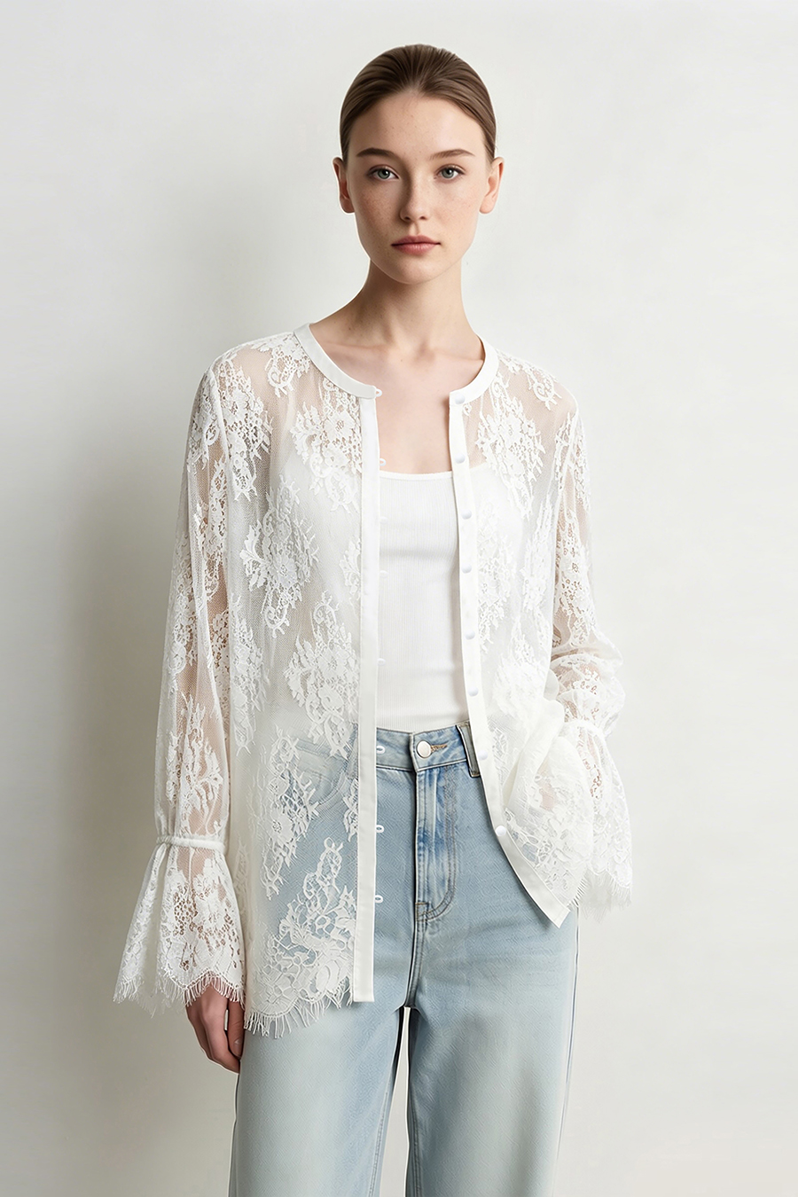 Round Neck Eyelash Lace Shirt | AMII