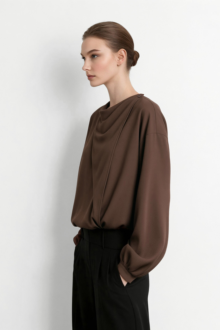 Cowl Neck Long Sleeve Chiffon Blouse | AMII