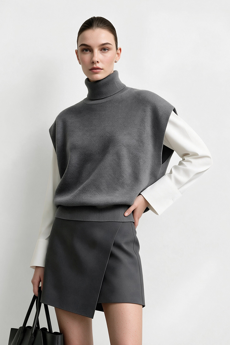 Turtleneck Wide Shoulder Cap Sleeve Knit Vest | AMII