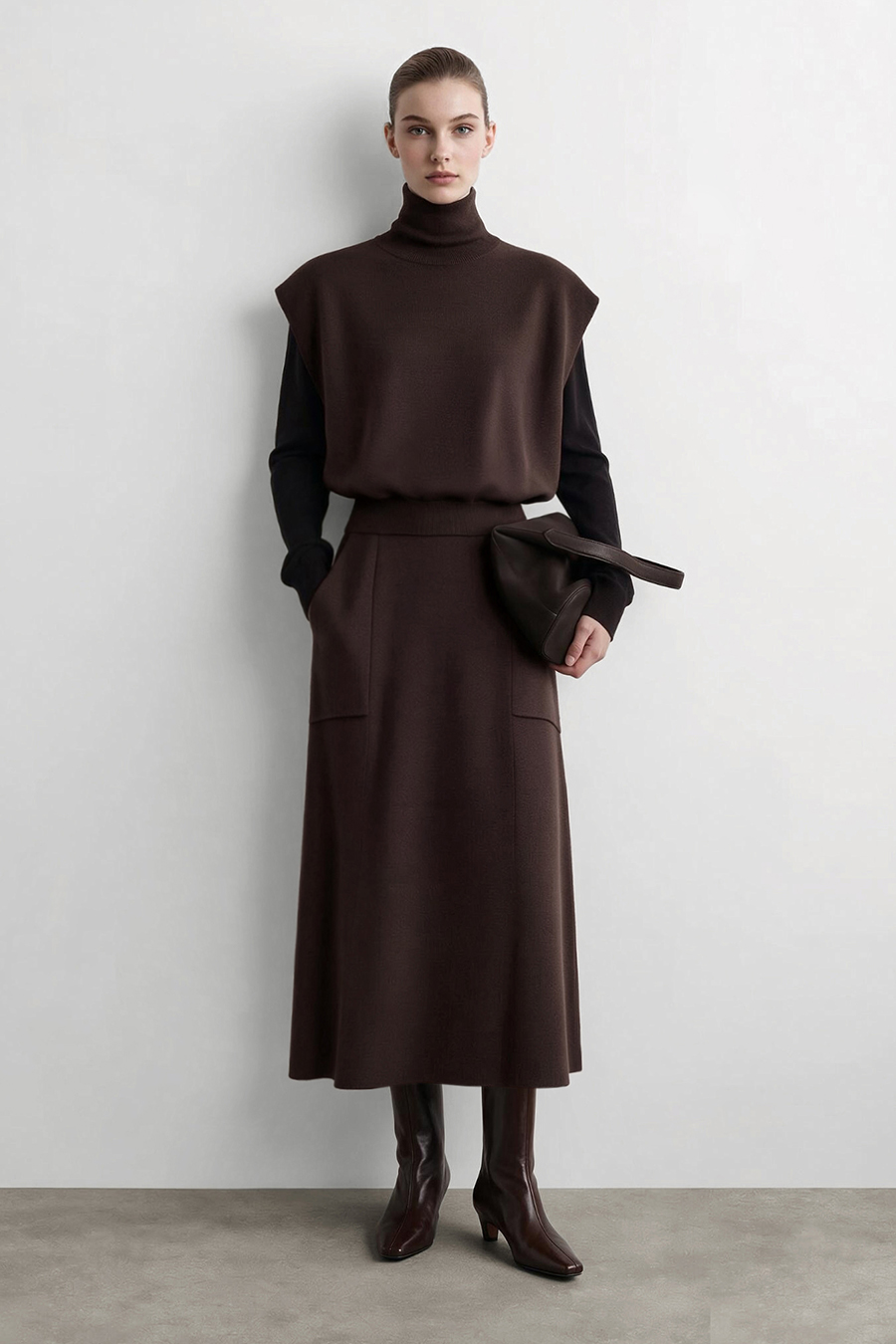 Turtleneck Wide Shoulder Cap Sleeve Knit Vest | AMII