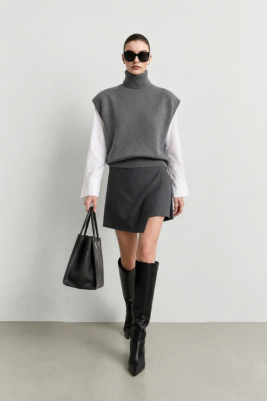 Turtleneck Wide Shoulder Cap Sleeve Knit Vest | AMII