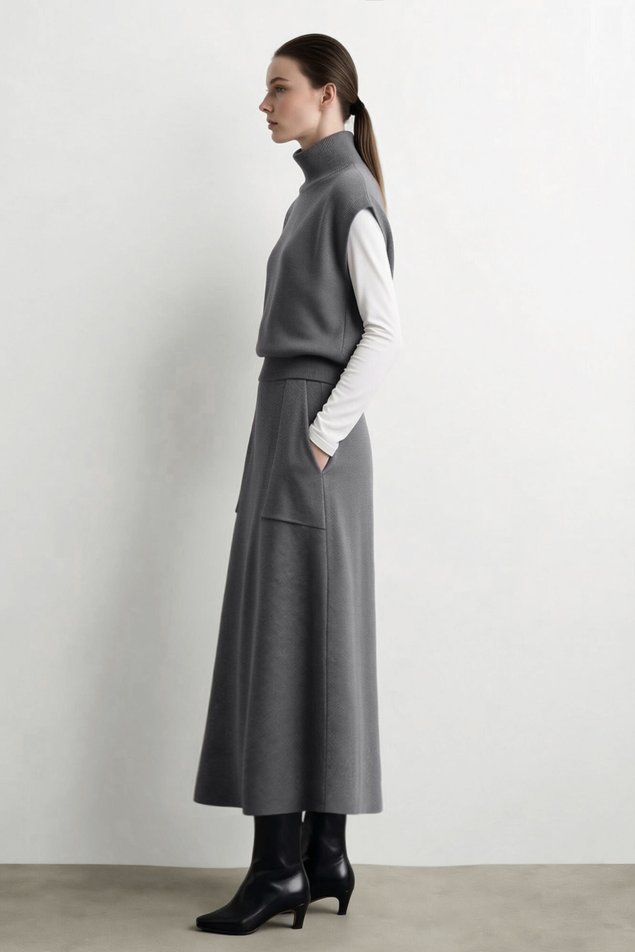Turtleneck Wide Shoulder Cap Sleeve Knit Vest | AMII