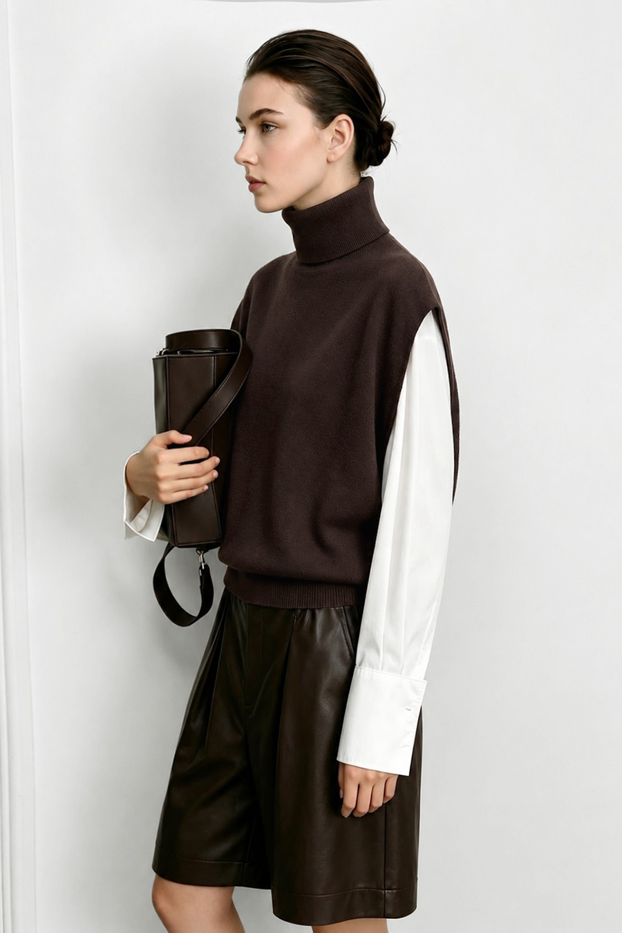 Turtleneck Wide Shoulder Cap Sleeve Knit Vest | AMII