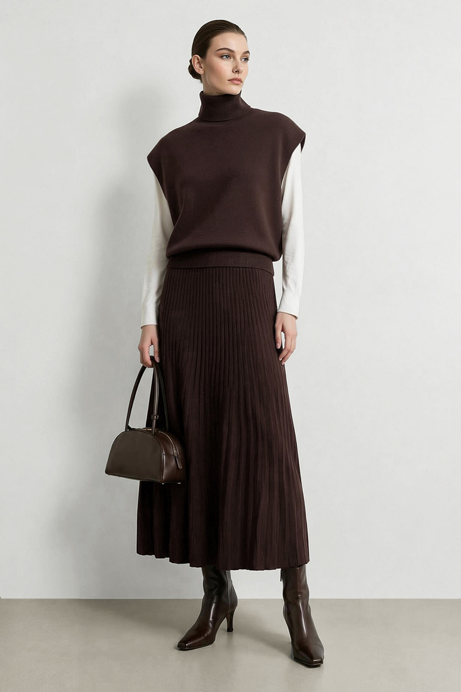 Turtleneck Wide Shoulder Cap Sleeve Knit Vest | AMII