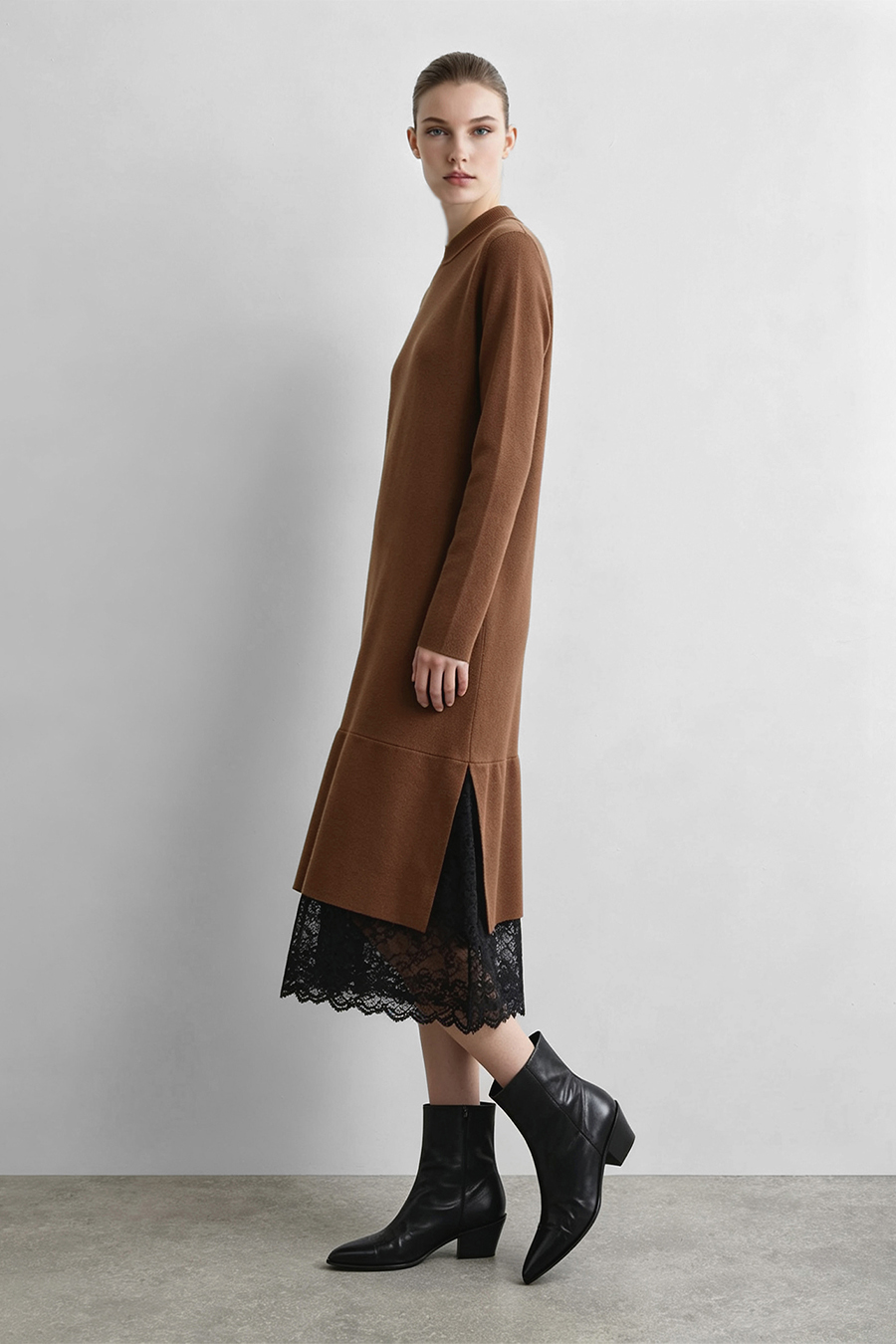 Lace Panel Knit Dress|AMII