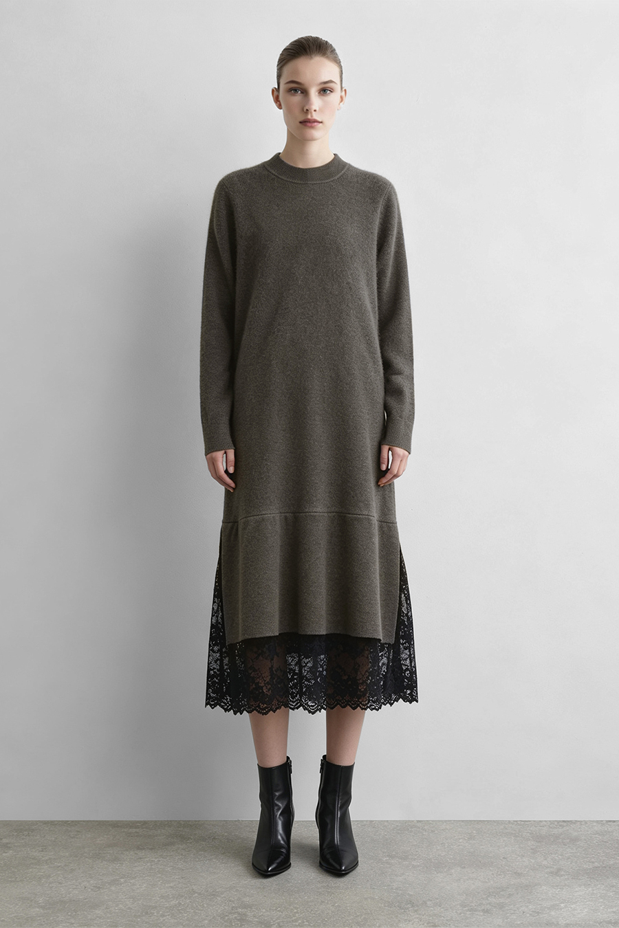 Lace Panel Knit Dress|AMII