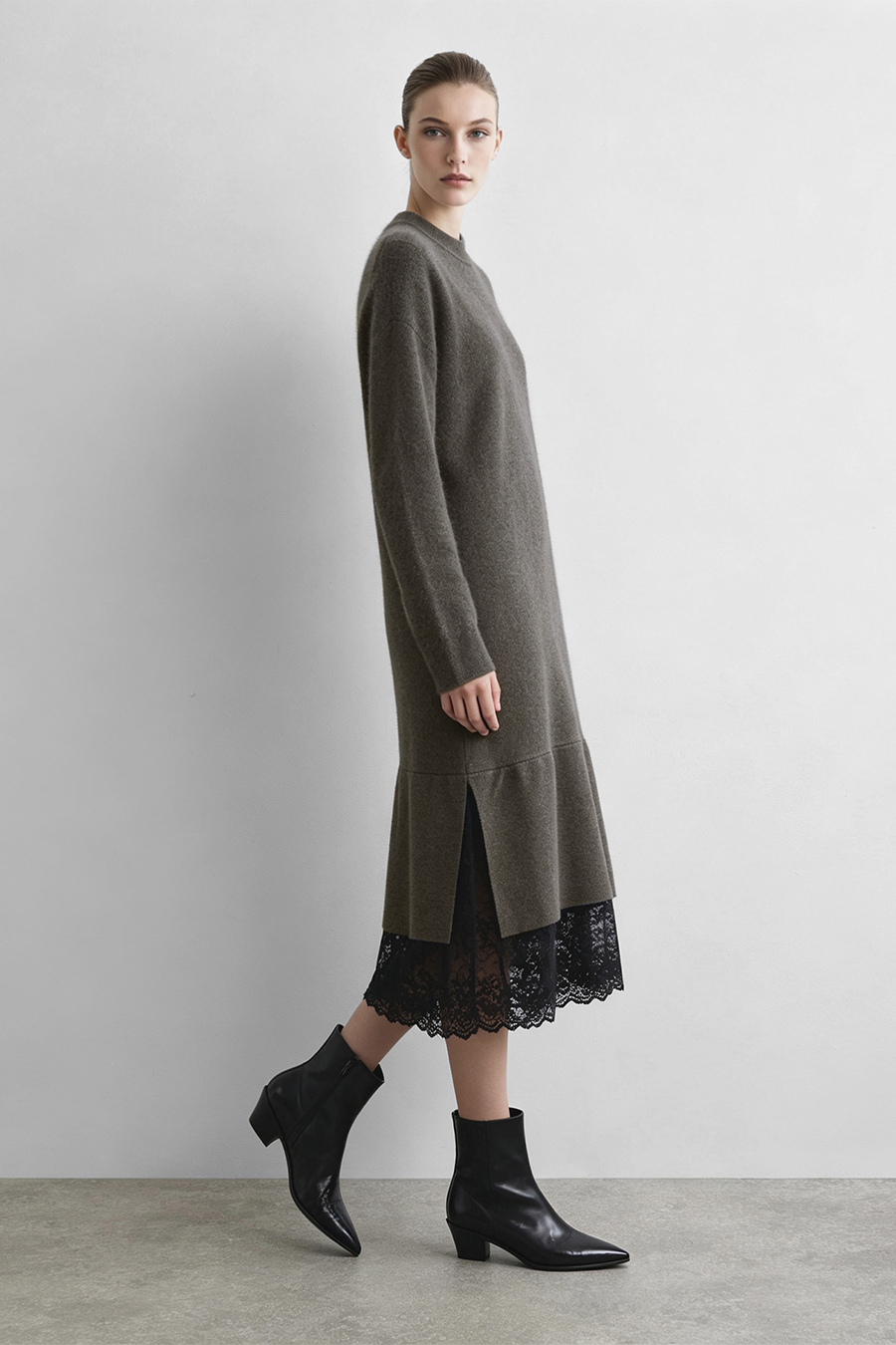 Lace Panel Knit Dress|AMII