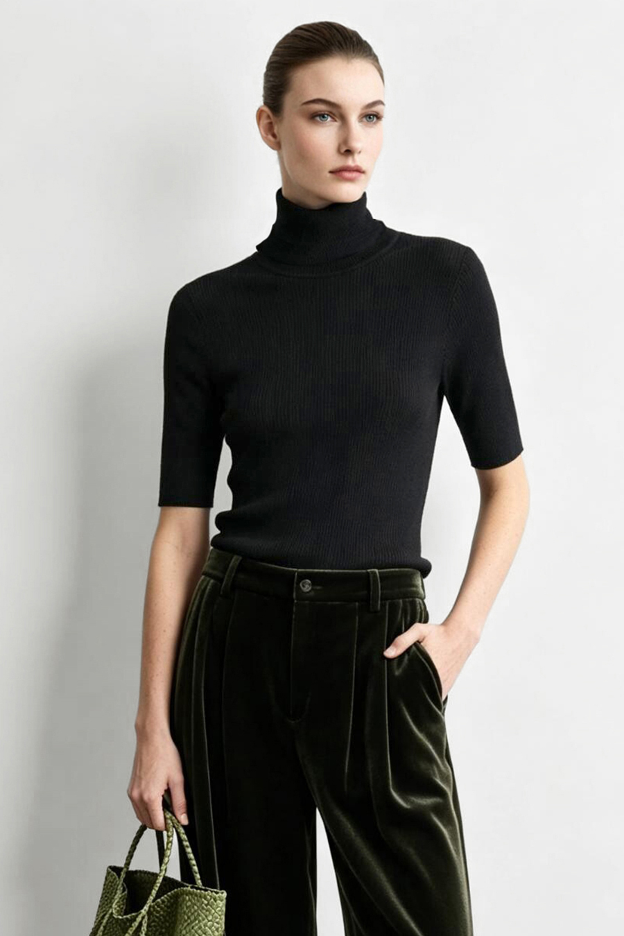 Mock Neck Elbow Sleeve Knit Top | AMII