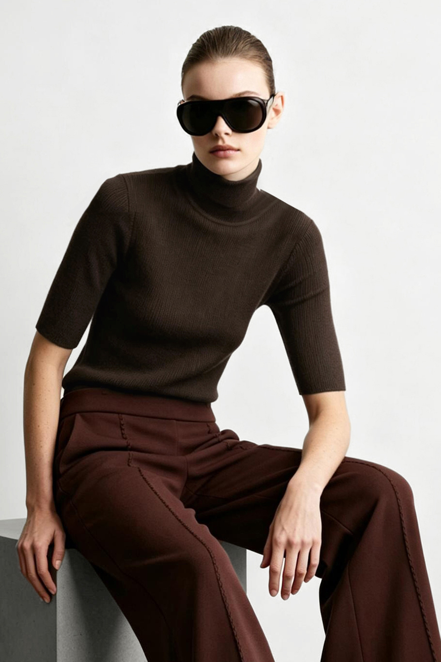Mock Neck Elbow Sleeve Knit Top | AMII