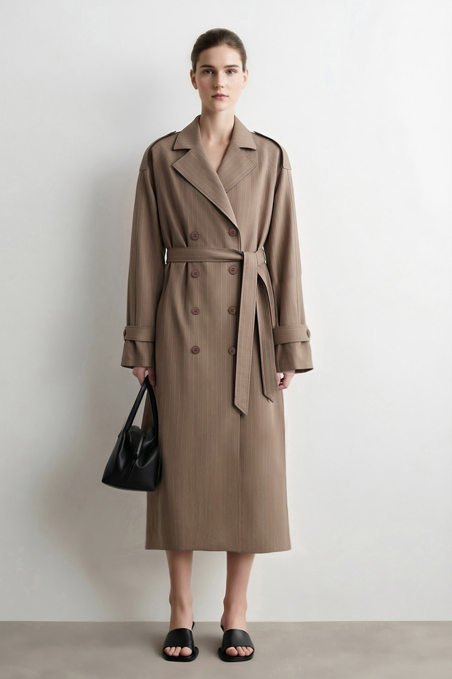 Striped Trench Coat with Belt|AMII