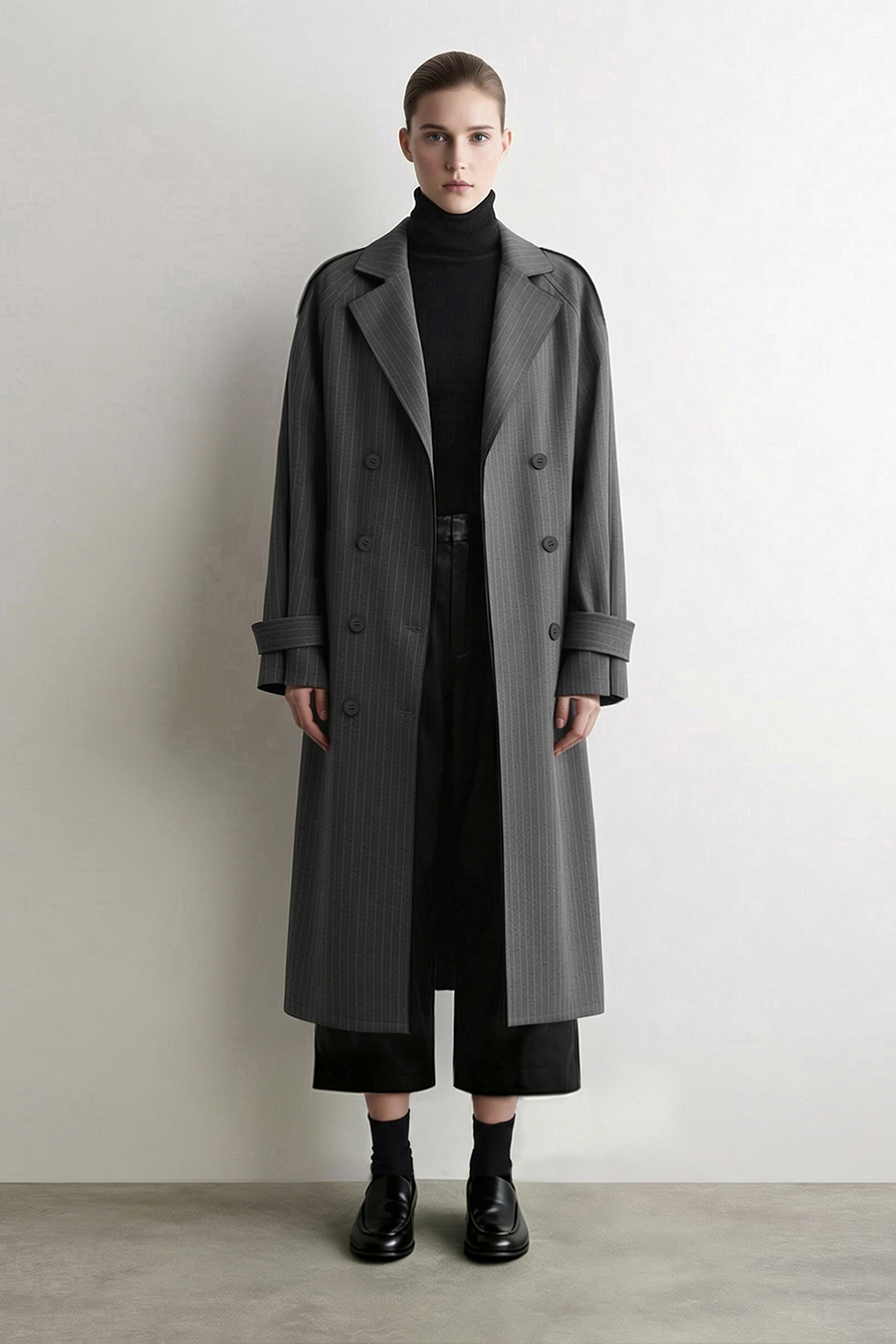 Striped Trench Coat with Belt|AMII