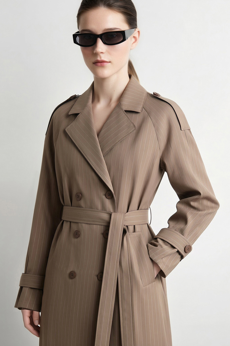 Striped Trench Coat with Belt|AMII