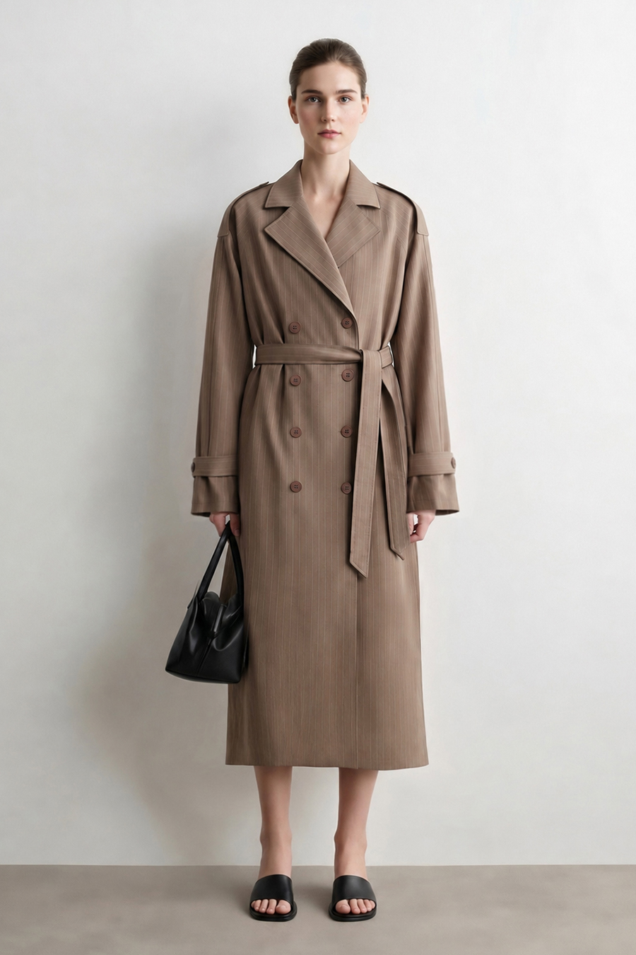 Striped Trench Coat with Belt|AMII