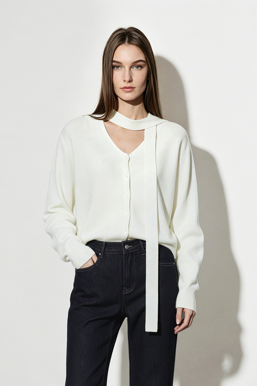 V-Neck Ribbon Knit Cardigan | AMII