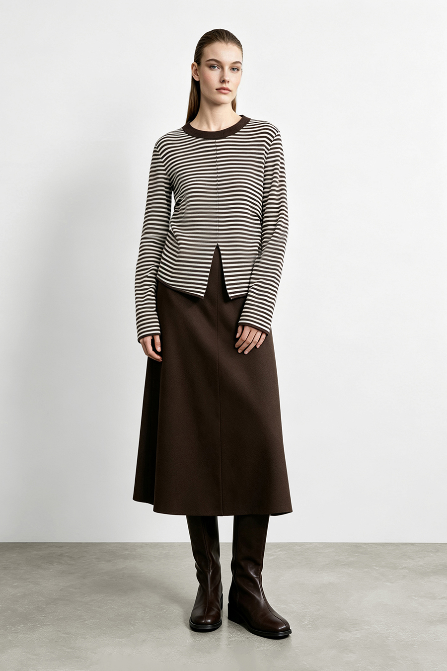 Crew Neck Slit Striped Sweater | AMII
