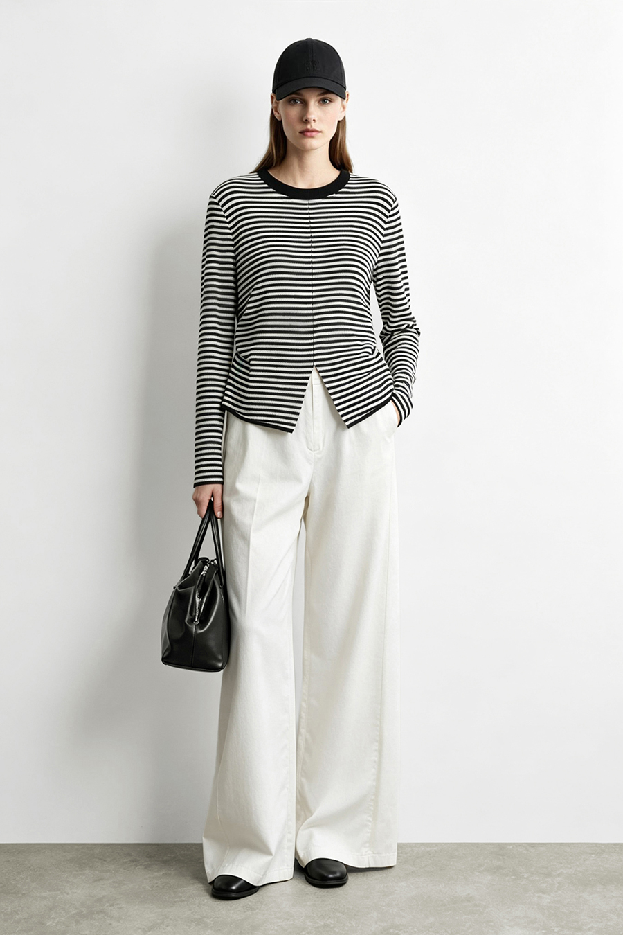 Crew Neck Slit Striped Sweater | AMII
