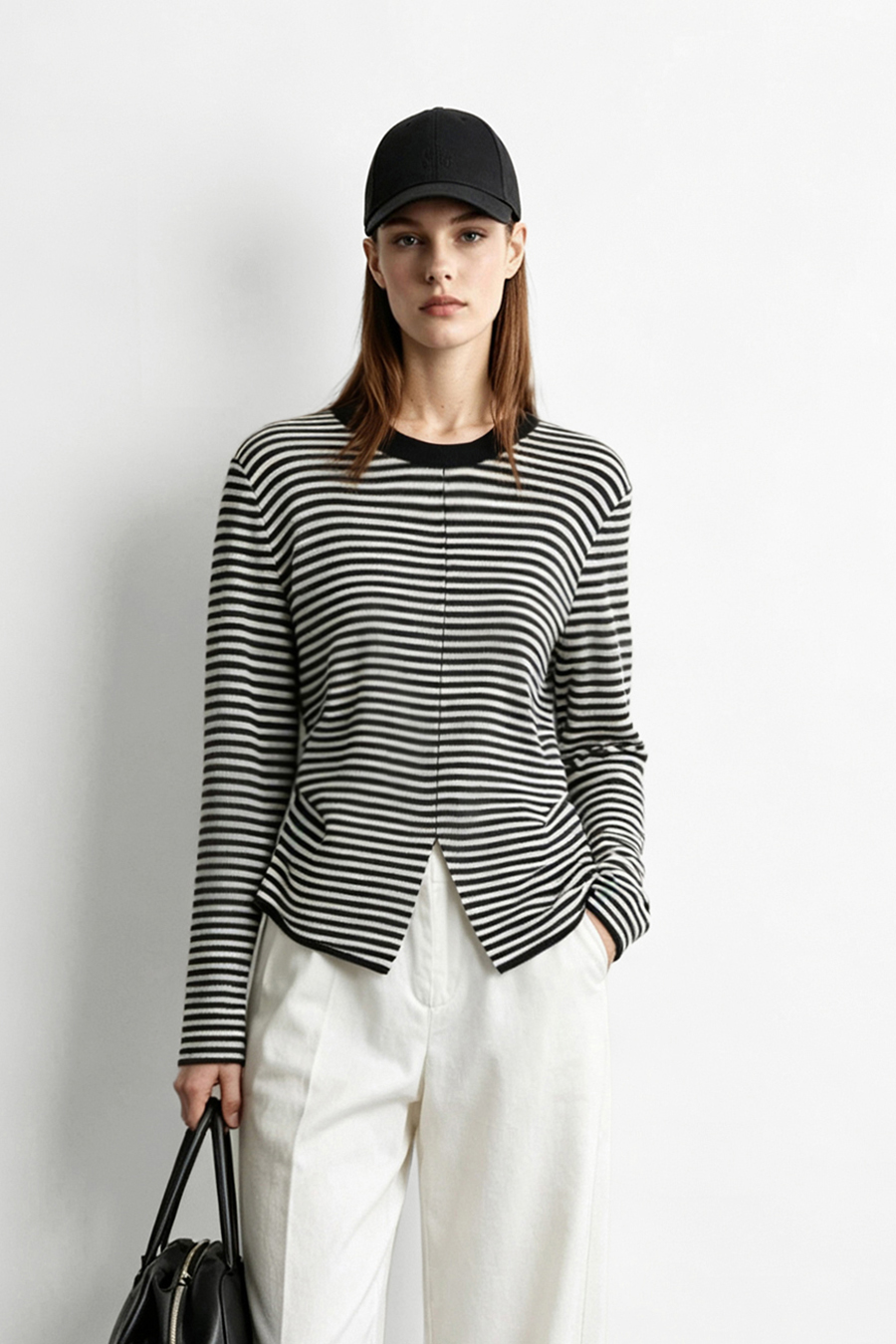 Crew Neck Slit Striped Sweater | AMII