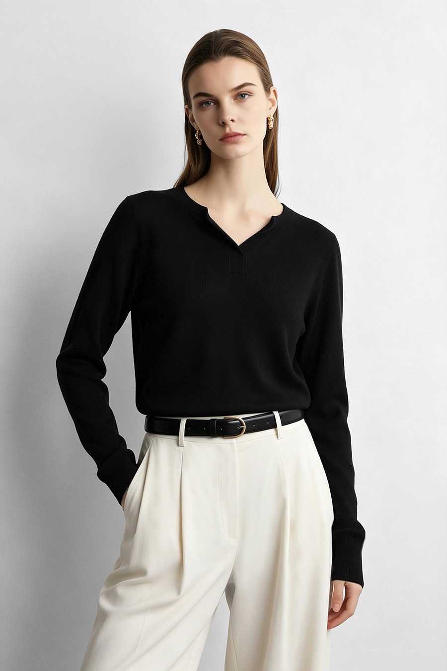 Crew Neck Half Placket Sweater | AMII