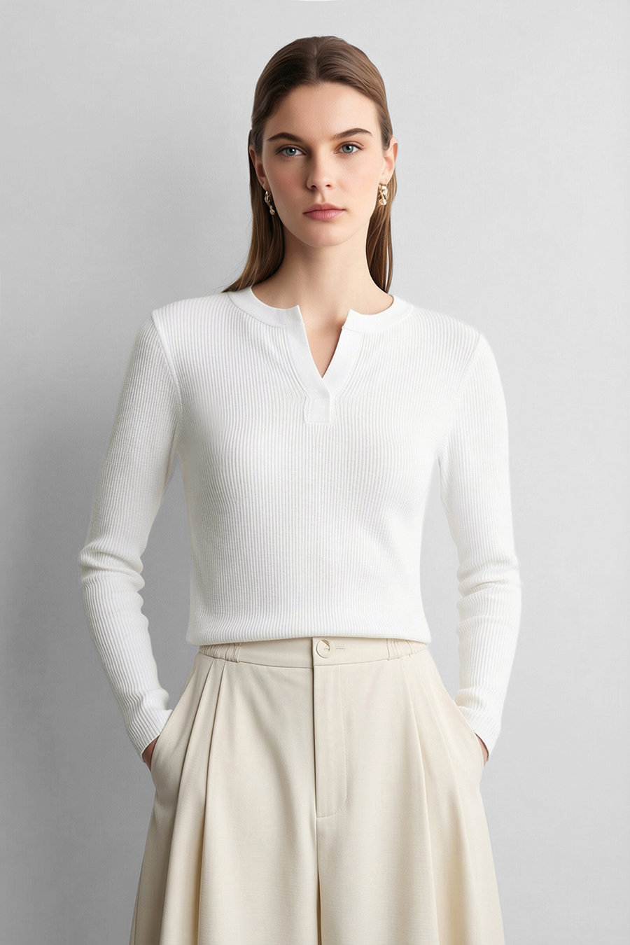 Crew Neck Half Placket Sweater | AMII