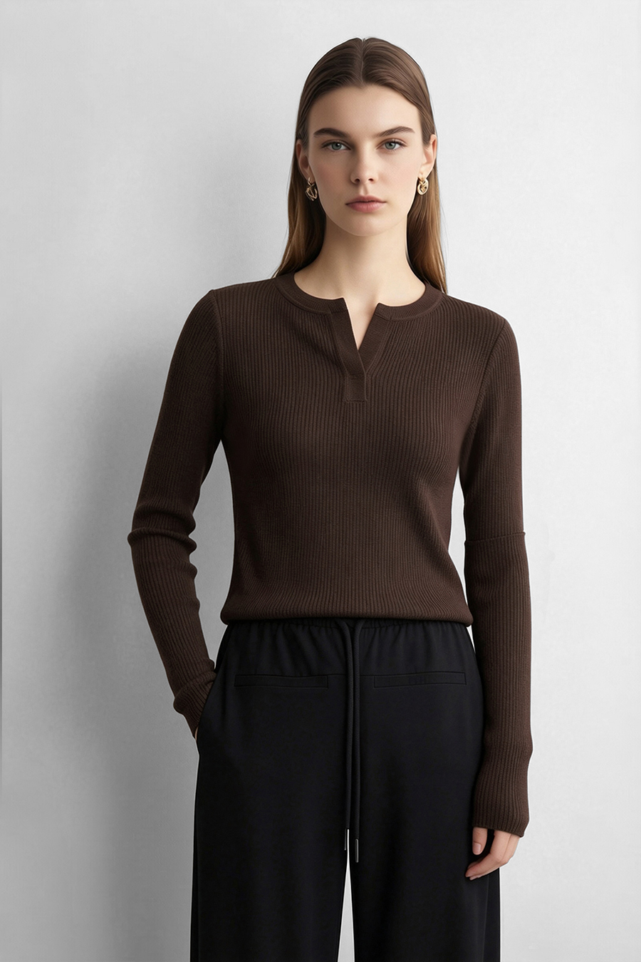 Crew Neck Half Placket Sweater | AMII